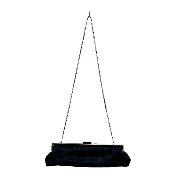 Cache Convertible Black Satin Clutch Bag S Silver Chain Evening Shoulder Purse - Picture 2 of 12